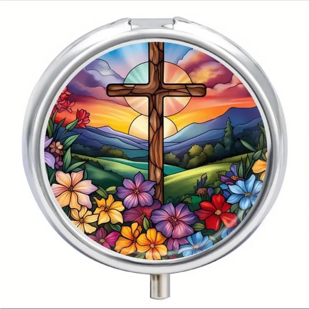Stained glass style Colorful Floral Cross Round Pill Box stainless steel Easter